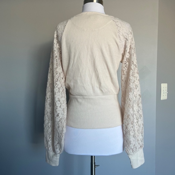 Anthropologie Lace Sleeve Ribbed Knit Surplice Cocktail Top Cream Wrap Sweater - Picture 7 of 10